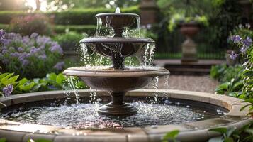 ai generado agua fuente en medio de jardín foto