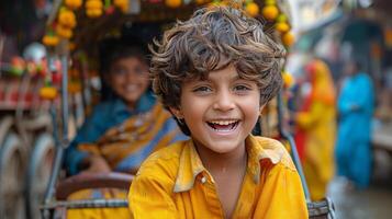 AI generated Young Boy Smiles Riding Rickshaw photo