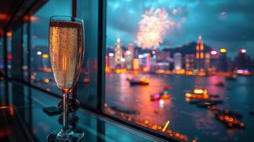 AI generated Glass of Champagne on Table by Window photo
