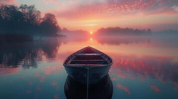 AI generated Boat Floating on Lake Beside Forest photo