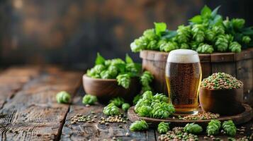 AI generated Bag of Green Hops With Glass of Beer photo