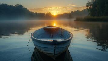 AI generated Boat Floating on Lake Beside Forest photo