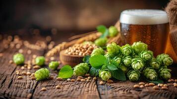 ai generado bolso de verde lúpulo con vaso de cerveza foto