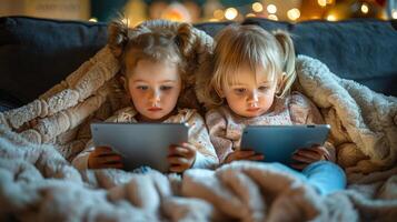 AI generated Two Little Girls Sitting on a Couch Using Tablet photo