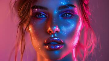 ai generado mujer iluminado por azul y rosado luces foto