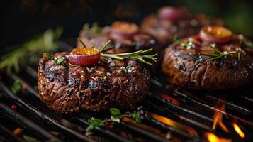 ai generado A la parrilla filete Cocinando con vegetales foto