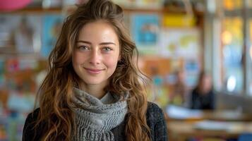 ai generado niña sonriente entre estudiantes en salón de clases foto