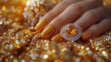 AI generated Womans Hand Covered in Gold Glitter photo