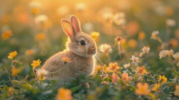 AI generated Rabbit Sitting in Field of Daisies photo