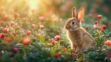 AI generated Rabbit Sitting in Field of Daisies photo
