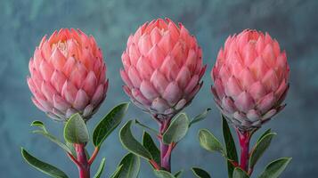 ai generado Tres rosado flores con verde hojas en azul antecedentes foto