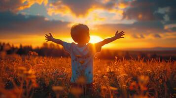 AI generated Little Boy Standing in Field With Outstretched Arms photo