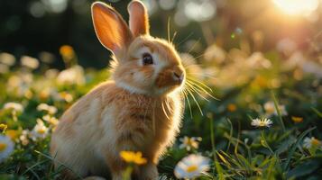 AI generated Rabbit Sitting in Field of Daisies photo
