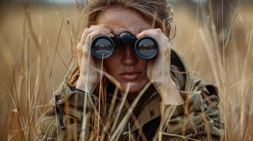 AI generated Woman Using Binoculars to Observe Herd of Elephants photo