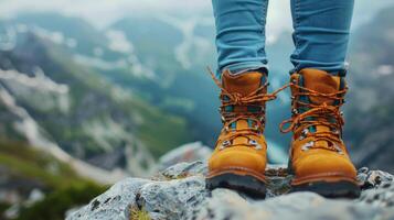 ai generado persona en pie en montaña cumbre foto