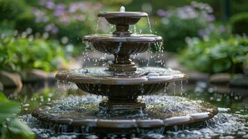 ai generado agua fuente en medio de jardín foto