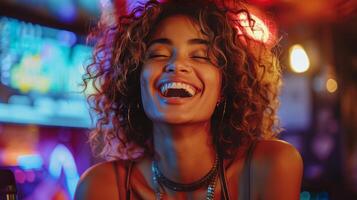 AI generated Woman Laughing in Bar With Neon Lights photo