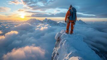 AI generated Man Standing on Snow Covered Mountain photo