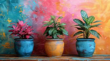 AI generated Three Potted Plants on Shelf Against Colorful Wall photo