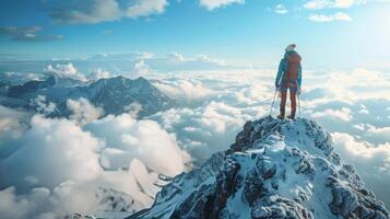 ai generado hombre en pie en nieve cubierto montaña foto