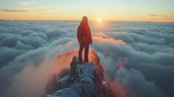 ai generado hombre en pie en nieve cubierto montaña foto