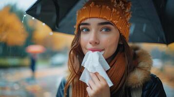 ai generado mujer en impermeable cubre cara con sombrilla. foto