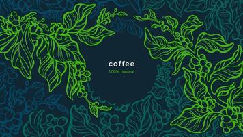 Coffee plant. Vector green background. Art line illustration. Tropical tree, aroma bean, leaves. Fresh farm plantation. Aroma arabica, robusta. Night forest