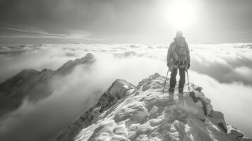 ai generado hombre en pie en nieve cubierto montaña foto