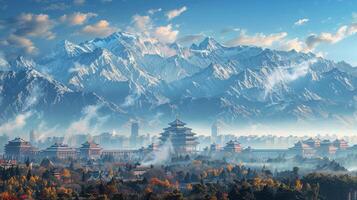 AI generated Cityscape With Majestic Mountains photo