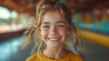 ai generado pequeño niña sonriente en amarillo camisa foto