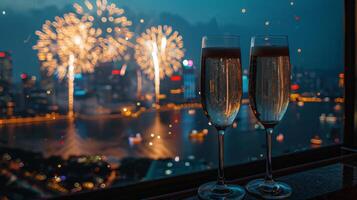 ai generado champán vaso con fuegos artificiales foto