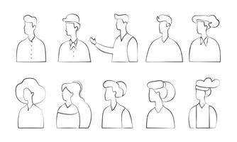 A set of portraits of men and women in profile with hairstyles. Thin black lines. Linear style on a white background. vector