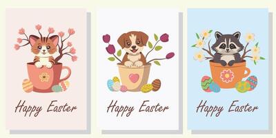 Happy Easter. Illustrations of a cute tiger cub, puppy and raccoon with flowers in a cup with Easter eggs on the ground. For postcards, t-shirts. Flat style. vector