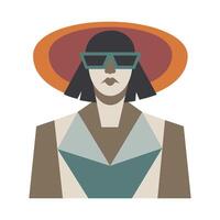 A woman wearing glasses and a hat with a short hairstyle. Colored jacket. Front view. vector