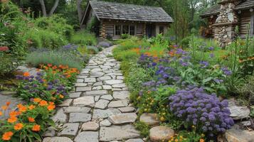 AI generated Garden With Rocks and Flowers Next to a House photo