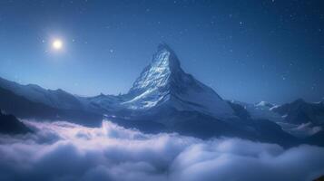 AI generated Moonlit Mountain Shrouded in Clouds photo