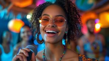 ai generado mujer vistiendo Gafas de sol participación micrófono foto