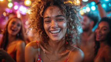 ai generado mujer vistiendo Gafas de sol participación micrófono foto