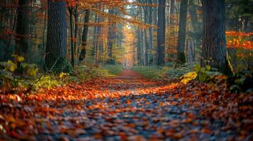 ai generado denso bosque camino cubierto en hojas foto