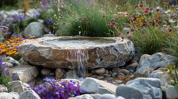 ai generado agua fuente rodeado por flores y rocas foto