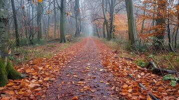 ai generado denso bosque camino cubierto en hojas foto