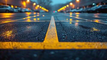 ai generado mojado calle con amarillo línea foto