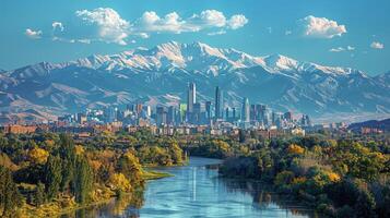 ai generado paisaje urbano con majestuoso montañas foto