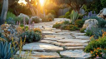 AI generated Stone Path Leading to House Surrounded by Greenery photo