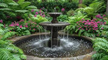 ai generado agua fuente rodeado por verde plantas foto