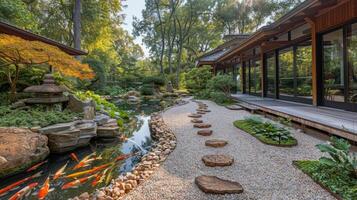 AI generated Japanese Garden With Pond and Rocks photo