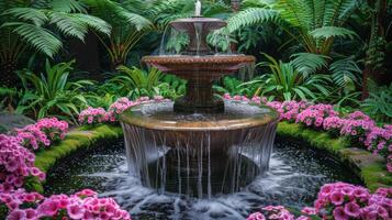 ai generado agua fuente rodeado por verde plantas foto