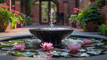 AI generated Bowl of Water Floating on Pond photo