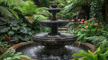 ai generado agua fuente rodeado por verde plantas foto