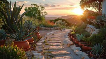 AI generated Stone Path Leading to House Surrounded by Greenery photo